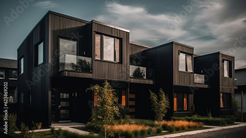 Modern modular private black townhouses residential architecture exterior generative ai © tanjidvect