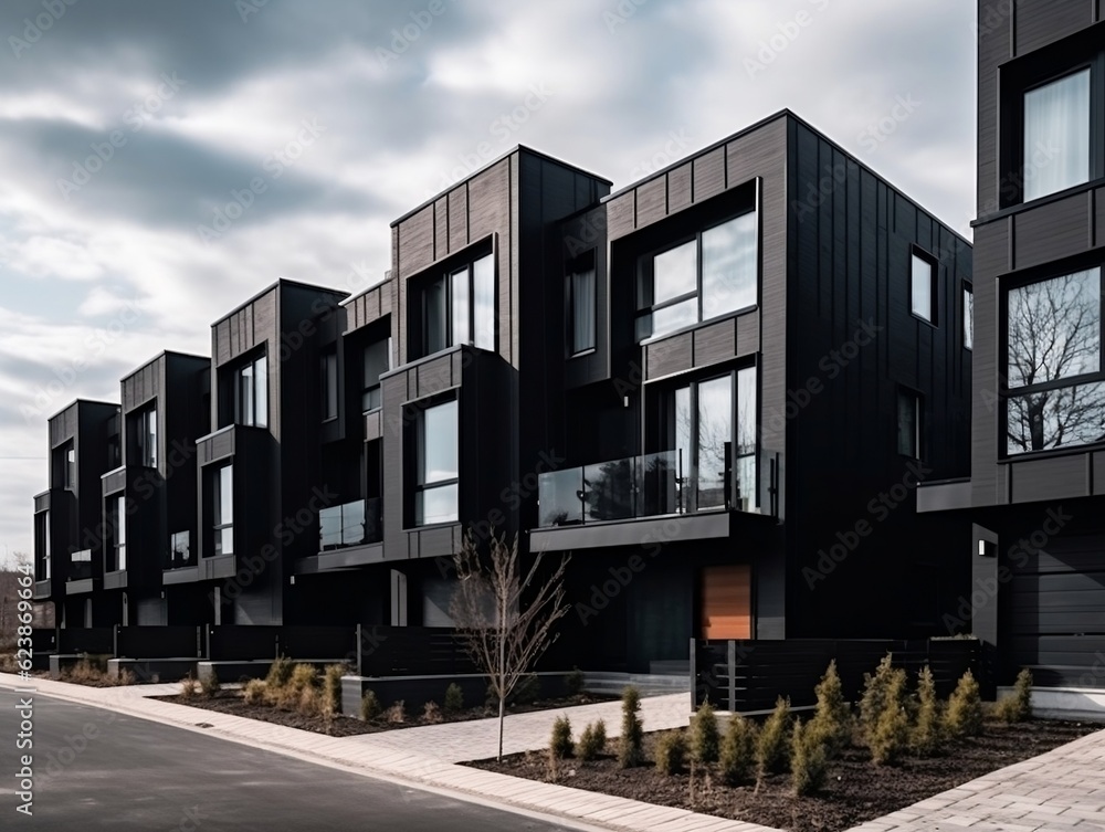 Modern modular private black townhouses residential architecture exterior generative ai