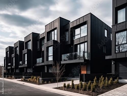 Modern modular private black townhouses residential architecture exterior generative ai © tanjidvect