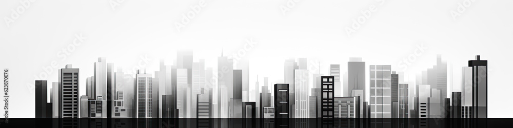 High-contrast black and white banner of a minimalist cityscape, emphasizing shapes and lines.