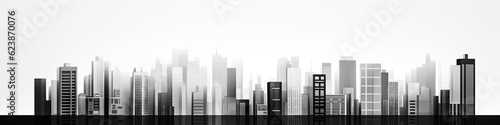 High-contrast black and white banner of a minimalist cityscape  emphasizing shapes and lines.