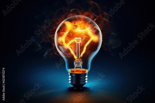 Illuminated lightbulb with glowing filaments on blurry background, representing creativity or innovation.
