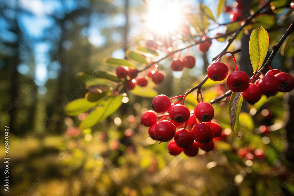Cranberries on a bush in a summer sunny forest