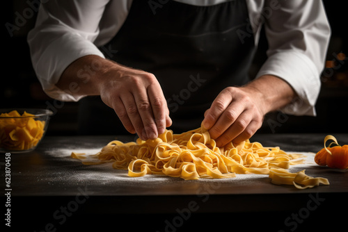 Close-up of a chef's hand making pasta, capturing culinary precision. A kitchen table with flour and fresh handmade pasta.
