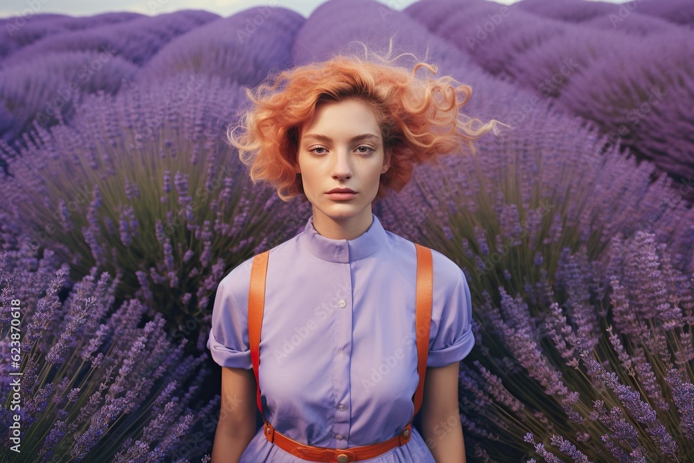 Φωτογραφία A woman in an ethereal purple lavender field, her pastel clothing flowing in the