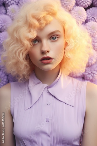 A woman with blonde curly hair stands out in a surreal portrait  wearing a fashionably stylish shirt and accessorized with a hairpiece  a lip ring  and cascading ringlets that draw attention to her b