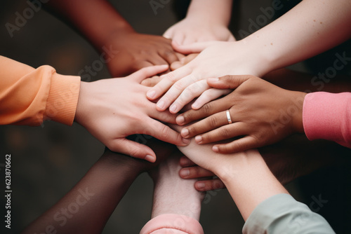 Diverse teenager hands joined together in a unity or teamwork concept. © Asmodar