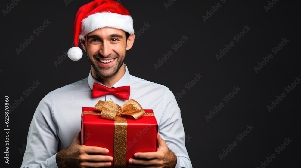 Young man with Christmas gift. Illustration AI Generative. Young man with Christmas gift. Illustration AI Generative.