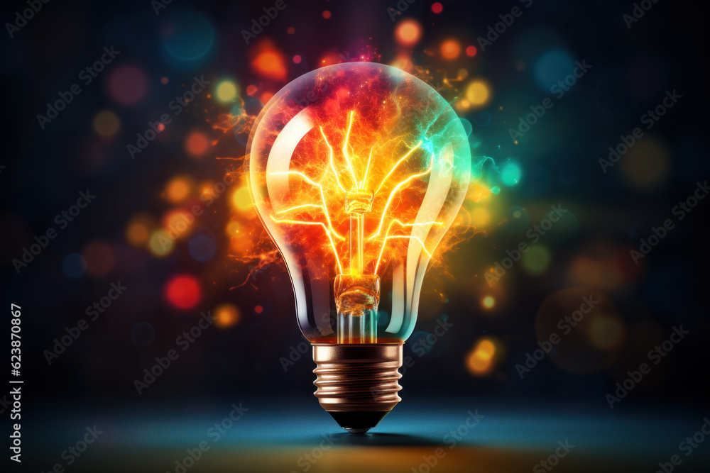 Illuminated lightbulb with glowing filaments on blurry background, representing creativity or innovation. Illuminated lightbulb with glowing filaments on blurry background, representing creativity or innovation.