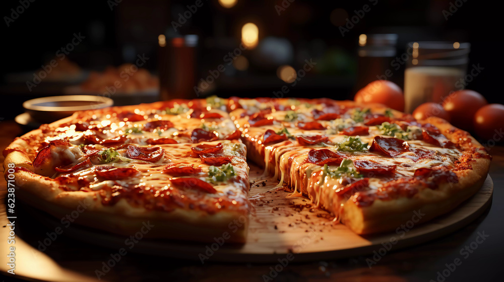 Pizza Slice in Spotlight, created with Generative AI Technology Pizza Slice in Spotlight, created with Generative AI Technology