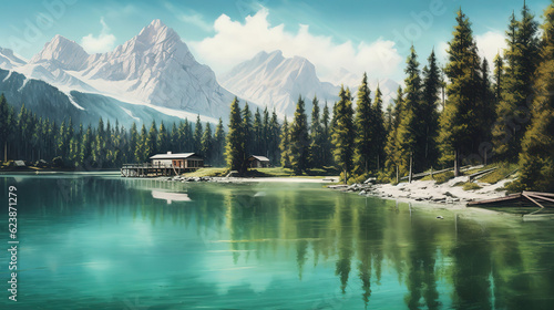 Lake in the mountains. Generative Ai