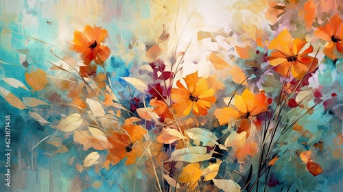 Oil painting of cosmos flowers. Digital art painting. Abstract floral background