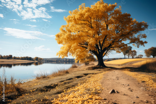 Autumn forest landscape, orange golden foliage, fall wallpaper, AI Generated