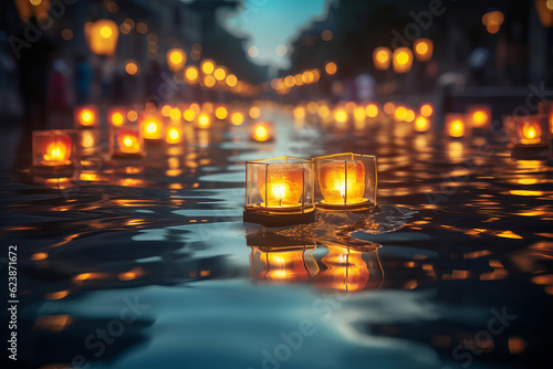 Paper lanterns float on dark water. Traditional Floating Lantern Festival, Memorial Day. Generative AI illustration © colnihko