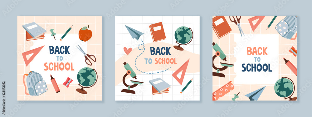 A set of school banner templates on a blue background. School supplies