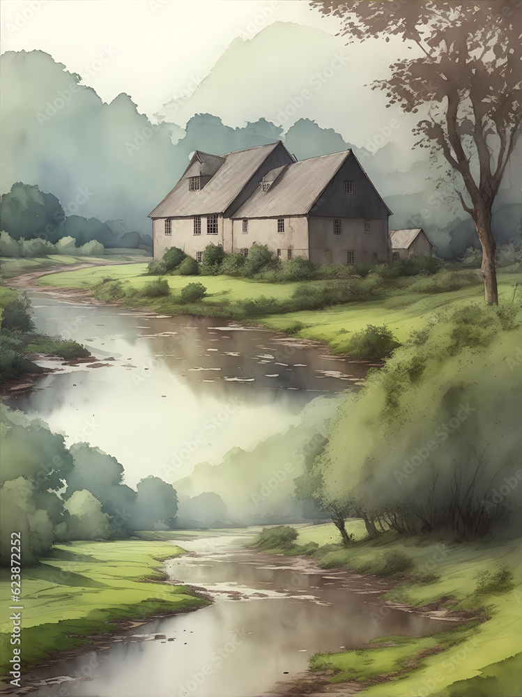English farmhouse landscape. AI generated illustration English farmhouse landscape. AI generated illustration