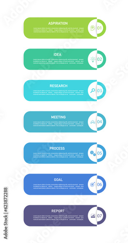 Business infographics line process with template with icons and 7 options or steps.infographics of business aspiration,idea,research,meeting,process,goal,report.for infographics design template