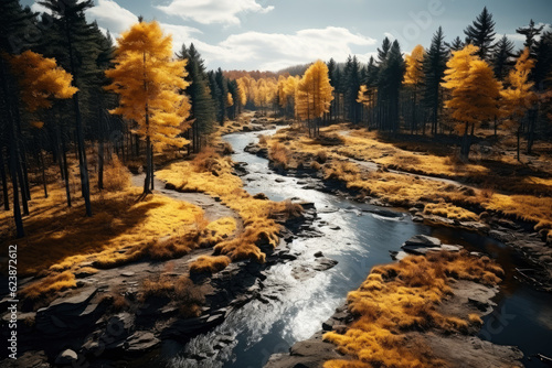 Autumn forest landscape, orange golden foliage, fall wallpaper, AI Generated © staras