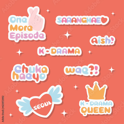 Cute stickers, vector flat design, korean drama quotes label collection, vector illustration