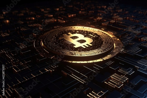 Bitcoin coin concept on black background over city. Generative AI photo