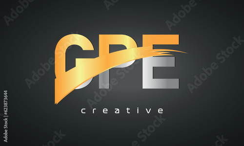 GPE Letters Logo Design with Creative Intersected and Cutted golden color photo