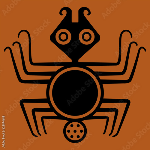Stylized spider. Black and orange silhouette. Halloween symbol. Ethnic animal design of Mochica Indians of ancient Peru. Moche art.