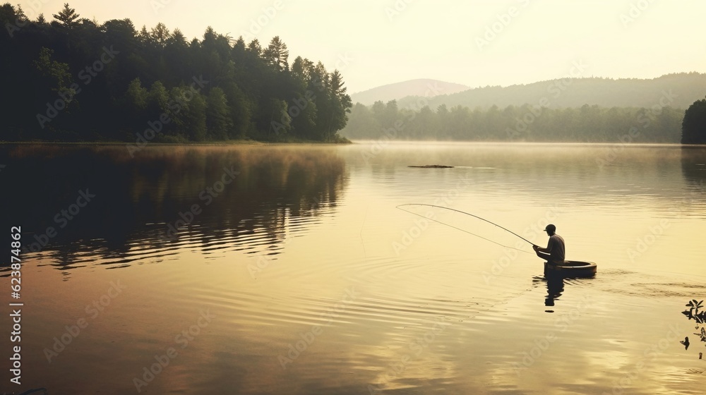 
A man fishes in an open river, a hobby of catching fish. Forest landscape. travel banner. Place for text.
Generative AI