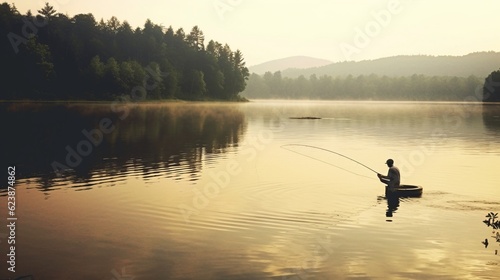  A man fishes in an open river, a hobby of catching fish. Forest landscape. travel banner. Place for text. Generative AI