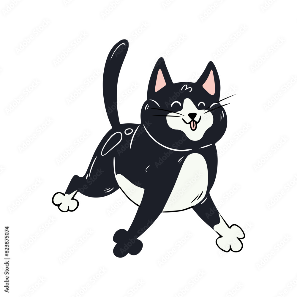 Cute playful cat. Black kitten in hand drawn style. Vector illustration isolated on white background.