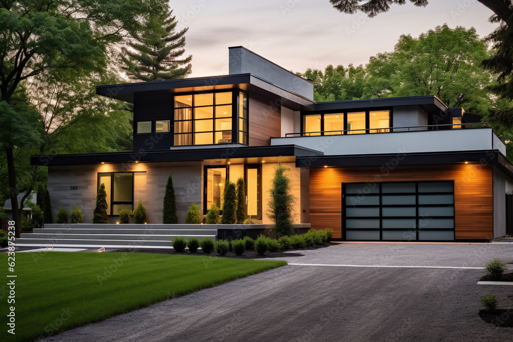 Obraz premium Luxurious Modern Dream Home Showcasing Sleek Minimalist Architecture and Breathtaking Landscape in High-Quality Architectural Photography
