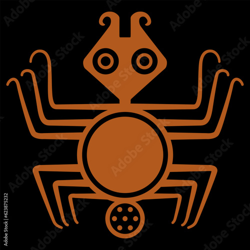 Stylized spider. Halloween symbol. Orange silhouette on black background. Ethnic animal design of Mochica Indians of ancient Peru. Moche art.