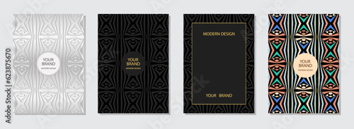 Set of creative covers, decorative vertical templates. Collection of embossed geometric backgrounds with ethnic 3D pattern. Tribal ornaments, boho style of East, Asia, India, Mexico, Aztec, Peru.