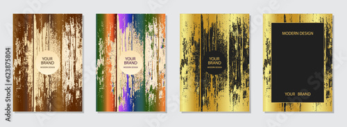 Cover design set. Vintage abstract backgrounds, wooden grunge texture. Geometric gold pattern. Modern collection of vector vertical templates for creativity, brochure, notebook template, menu.