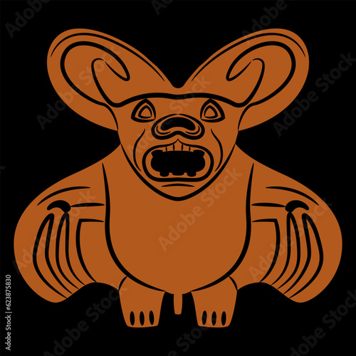 Stylized bat. Halloween symbol. Black and orange silhouette. Ancient Peruvian Mochica art. Native American ethnic animal design of Moche Indians. 