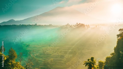 Foggy landscape tropical rain forest jungle island Bali on background majestic volcano Gunung Agung or Mount Agung, located in the district of Karangasem. 4K Aerial view photo