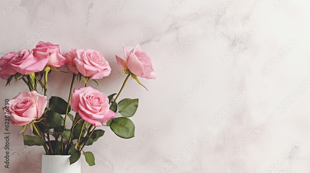 Pink roses in vase on white marble background with copy space