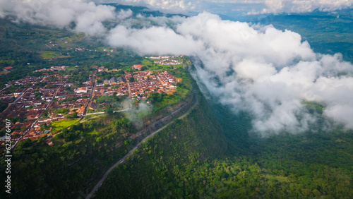 Aerial view of Barichara little colonial town in Santander department of Colombia on the edge of Colombian mountains andes cliff travel holiday destination photo