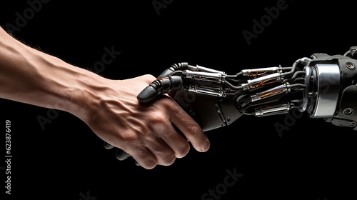 A robot hand shaking a human hand with a black background - Artificial intelligence - AI technology