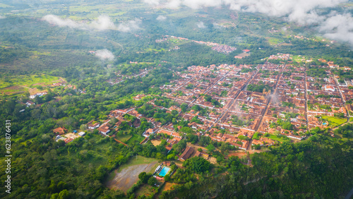 Aerial view of Barichara little colonial town in Santander department of Colombia on the edge of Colombian mountains andes cliff travel holiday destination