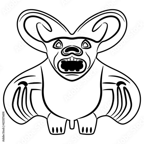 Stylized bat. Ancient Peruvian Mochica art. Native American ethnic animal design of Moche Indians. Black and white linear silhouette.