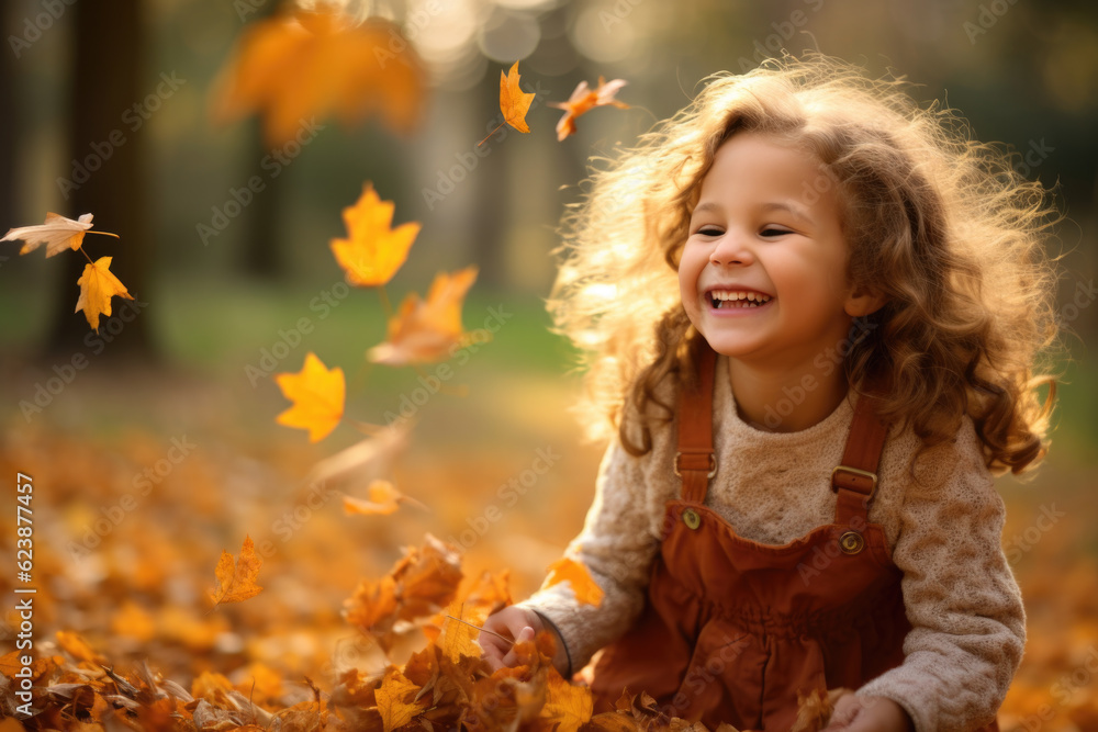 Adorable happy little girl playing with maple leaves in autumn park Adorable happy little girl playing with maple leaves in autumn park