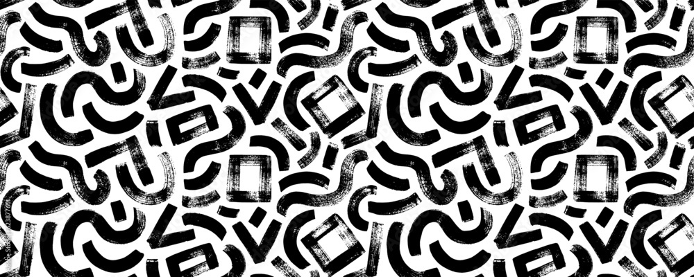 Geometric seamless pattern with curved bold lines. Squares, stripes and curly lines. Hand drawn modern geometric shapes pattern. Chaotic ink brush scribbles decorative texture. Vector ink ornament. Geometric seamless pattern with curved bold lines. Squares, stripes and curly lines. Hand drawn modern geometric shapes pattern. Chaotic ink brush scribbles decorative texture. Vector ink ornament.