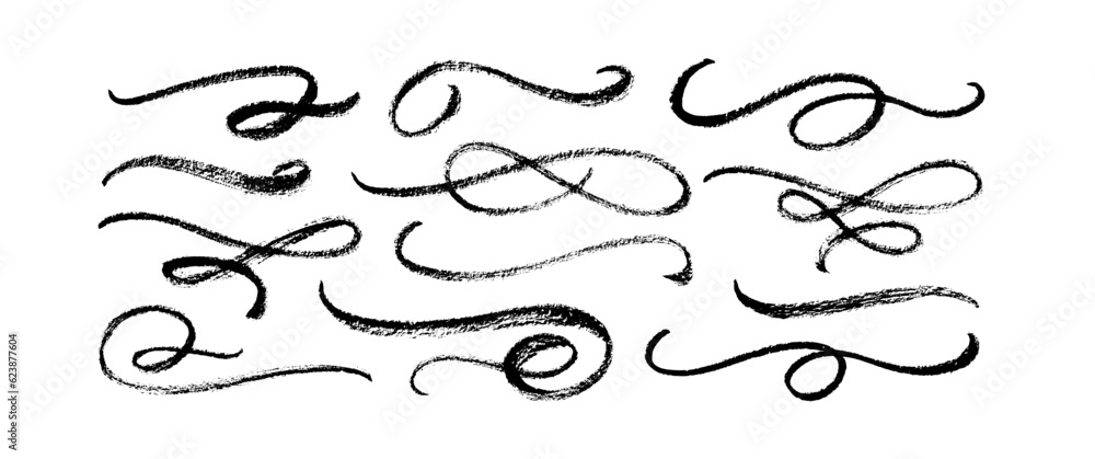 Brush drawn bold swooshes and flourish collection. Vector black paint wavy lines. Ornate swirl swashes, decorative flourish dividers. Modern elegant curly swishes and vector swirls.