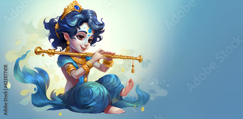 Foto Krishna playing the flute, blue background, Generative AI