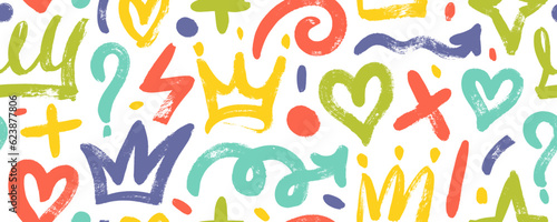 Fototapeta Naklejka Na Ścianę i Meble -  Brush drawn multi colored doodle shapes seamless pattern. Hearts, crowns, arrows, crosses, swirls and dots with dry brush texture. Colorful banner background with trendy graffiti style elements.