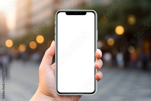 A close up of a hand holding a modern smart phone , smart phone screen is blank Advertising mobile applications , Mockup blank template illustration, Isolated PNG.