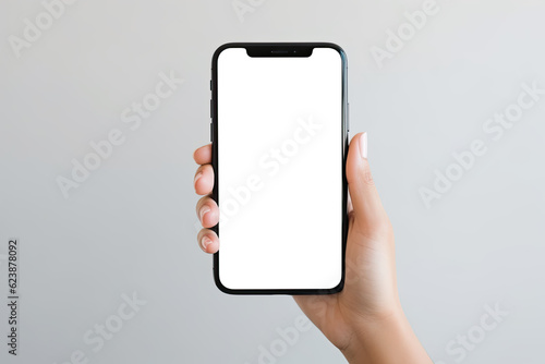 A close up of a hand holding a modern smart phone , smart phone screen is blank  Advertising  mobile applications , Mockup blank template illustration, Isolated PNG.