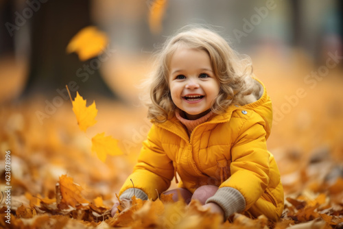 Adorable happy little girl playing with maple leaves in autumn park