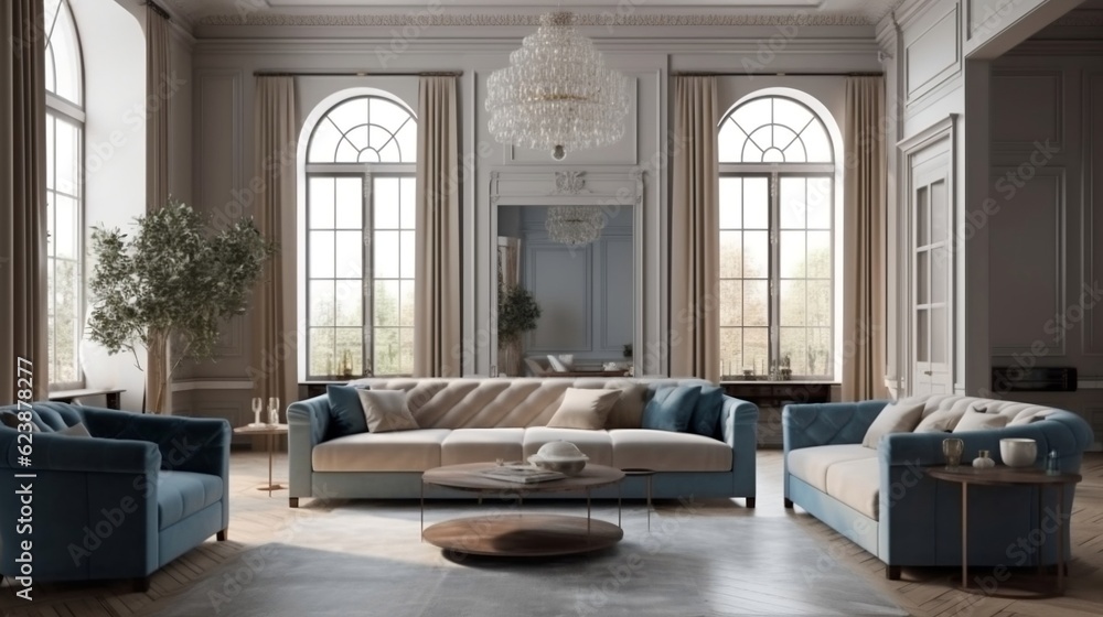The interior design of the modern living room with beige and blue sofas generative ai