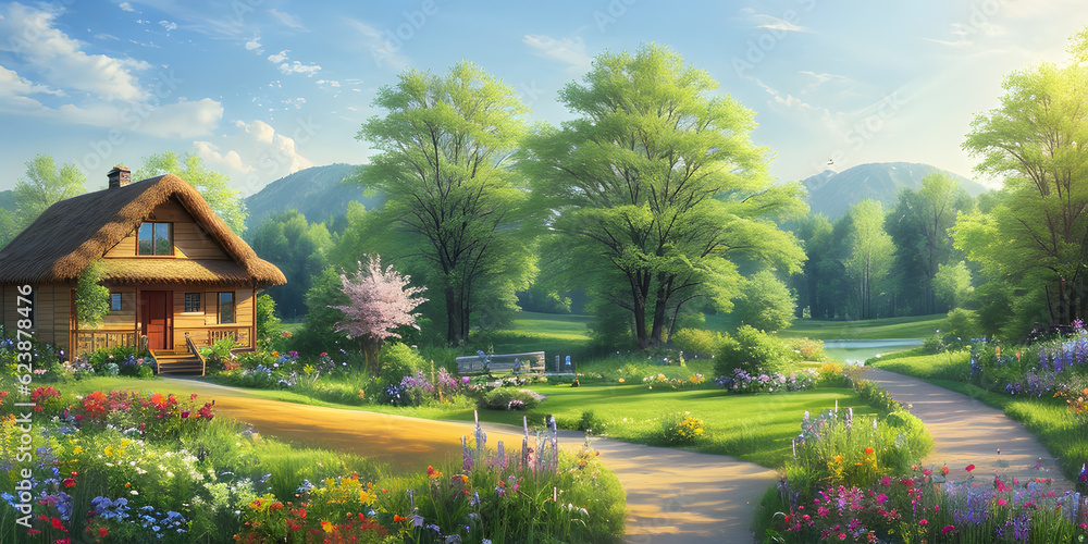 Panorama summer village assortment blooming flowers with green foliage of trees. Wonderful place environment. Fantasy Realistic Environment